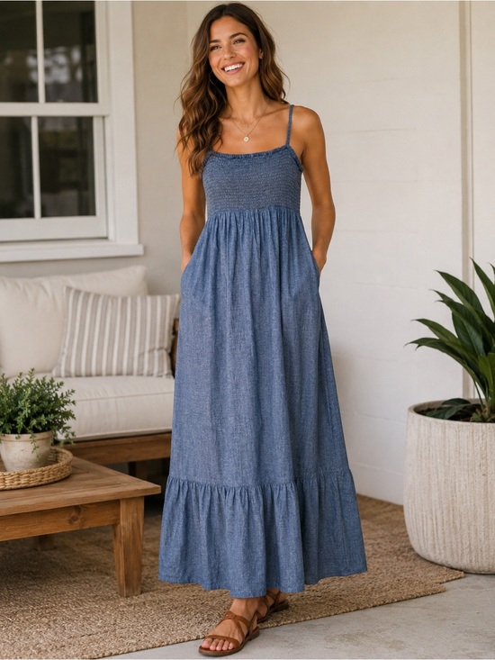 GAP Dresses & Skirts - GAP Blue Smocked Linen Blend Maxi Dress Size L | Adjustable Straps | Cottagecore